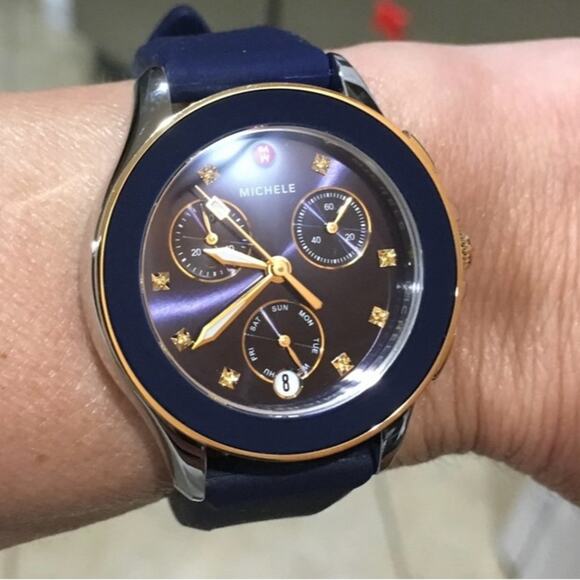 Michele Cape Chronograph Women’s Watch |Navy Blue Dial Rubber Strap | Swiss Made - Picture 3 of 9